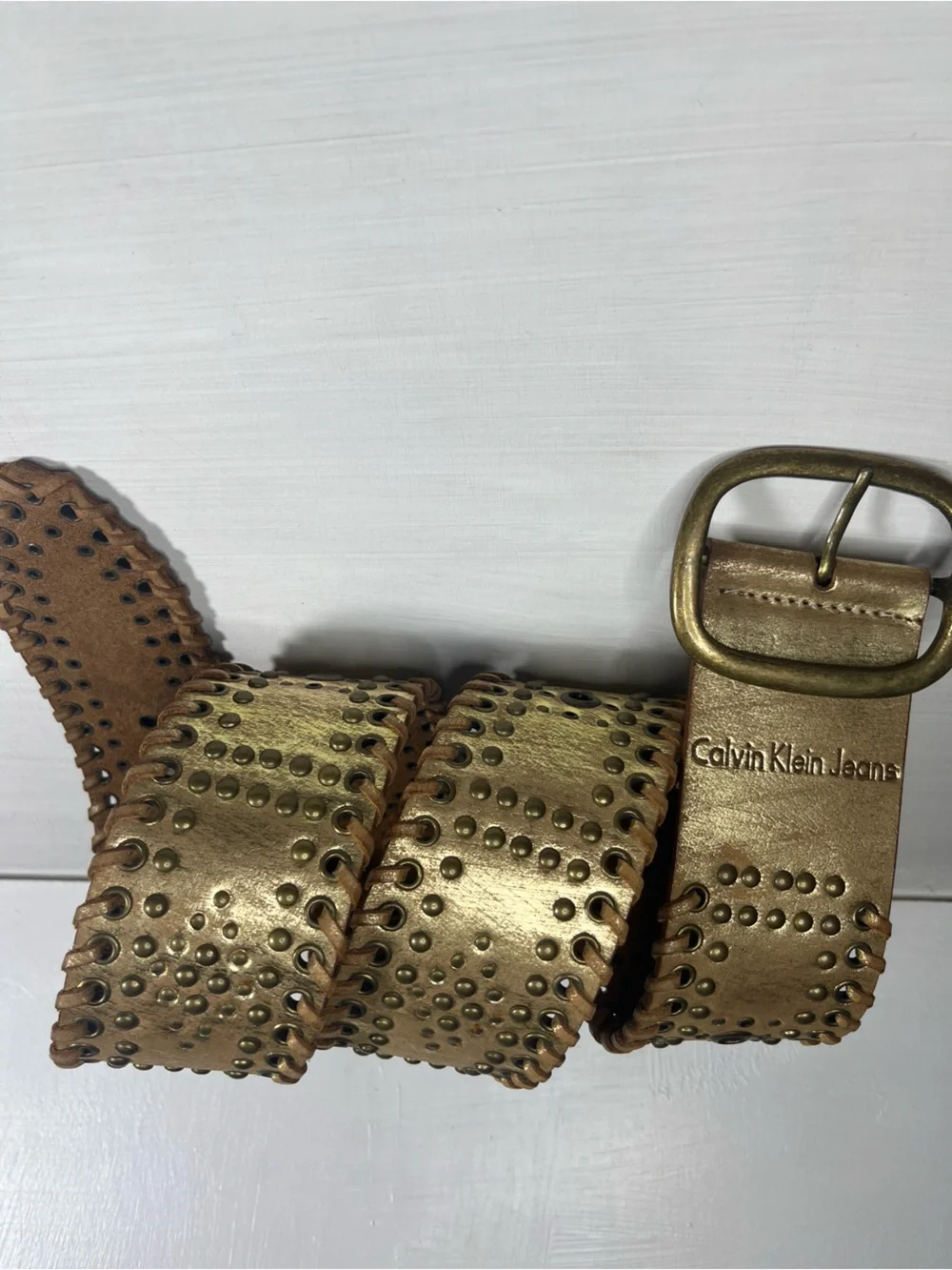 Calvin Klein Gold Studded Leather Belt Sz Large
